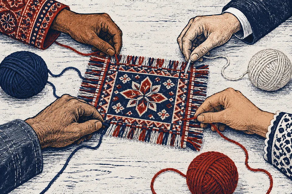 Illustration of different hands bringing threads into one woven cloth.